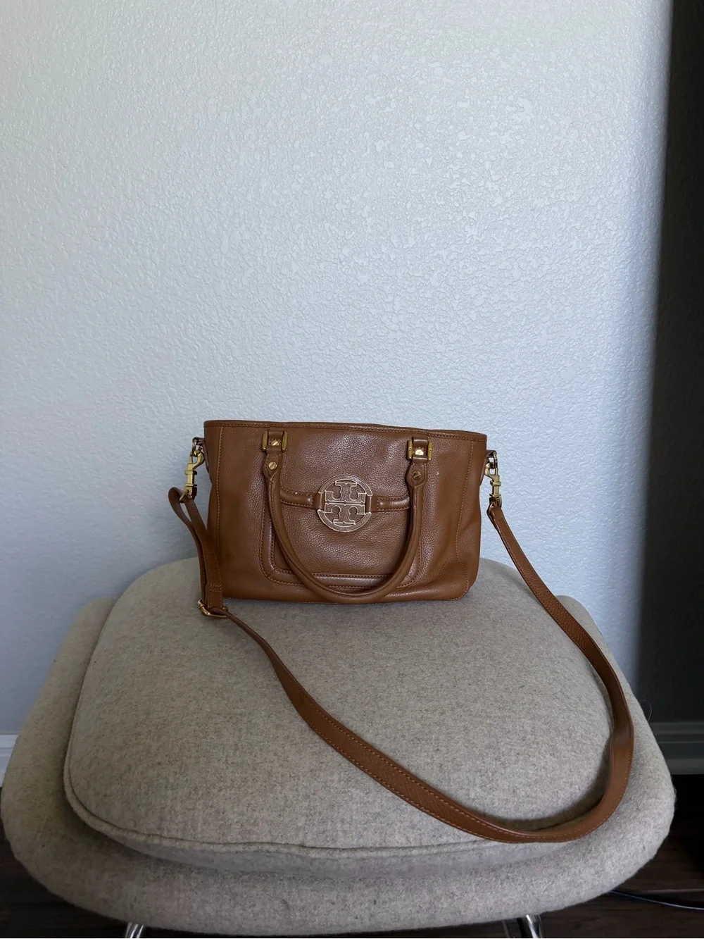 Tory Burch Cognac Leather Shoulder Satchel with Gold Logo